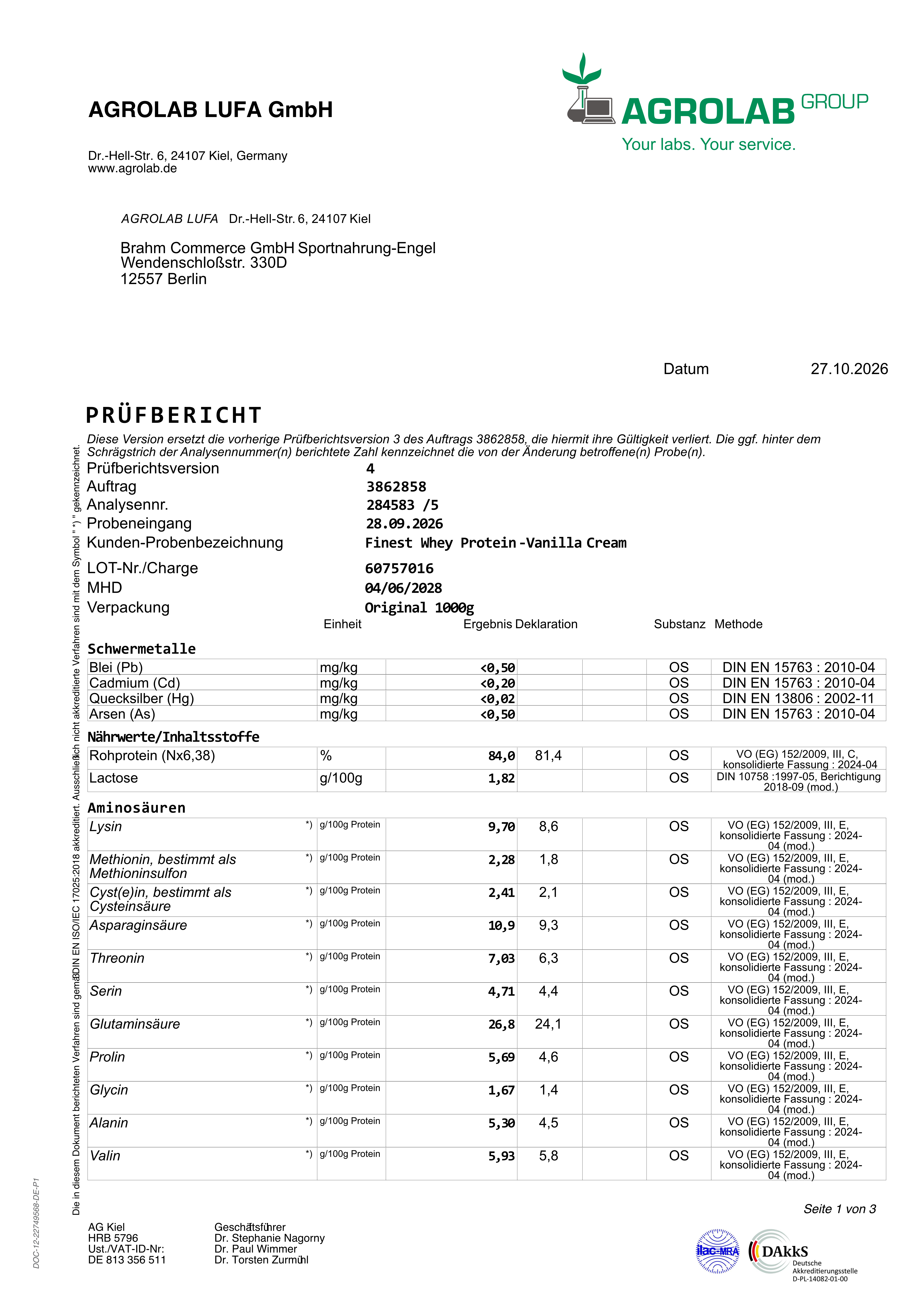 Vorschau Prüfbericht Finest Whey Protein Vanilla Cream