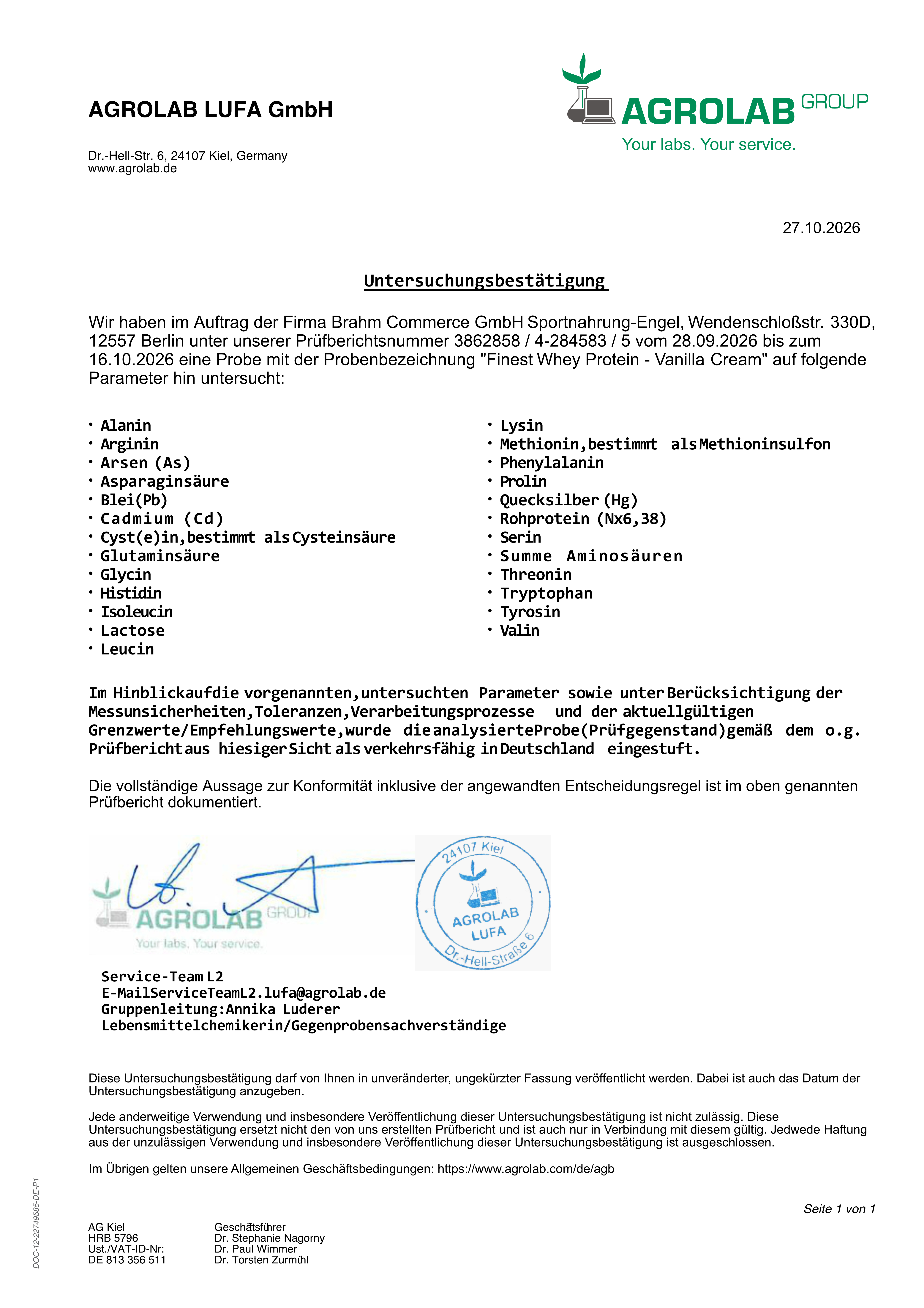 Vorschau Untersuchungsbestätigung Finest Whey Protein Vanilla Cream