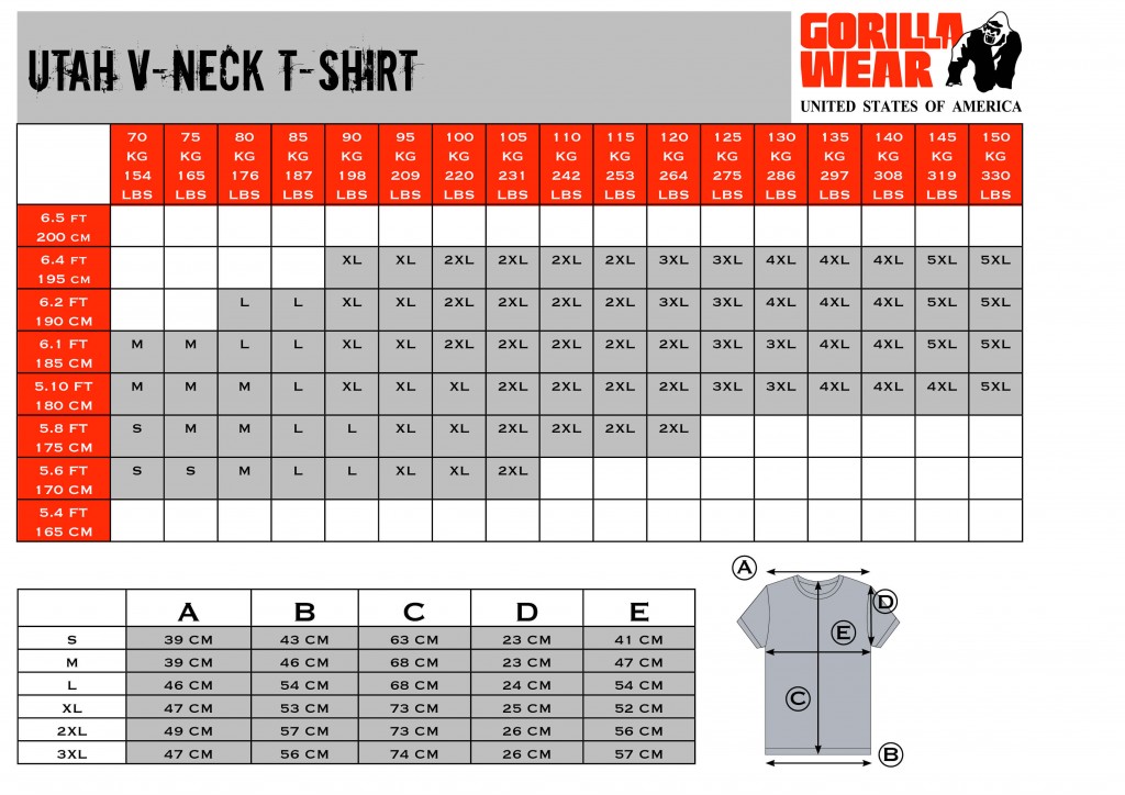 Gorilla Wear Utah T-Shirt Größentabelle