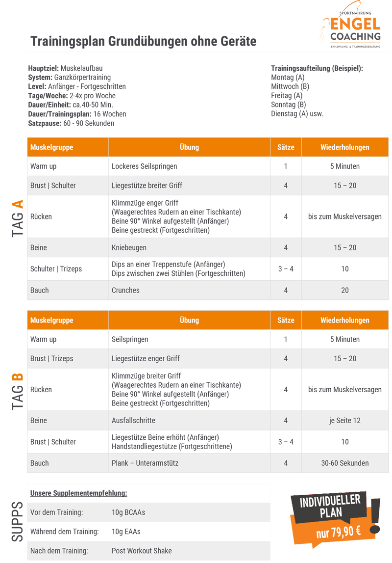 Kostenloser Trainingsplan - Grundübungen ohne Geräte