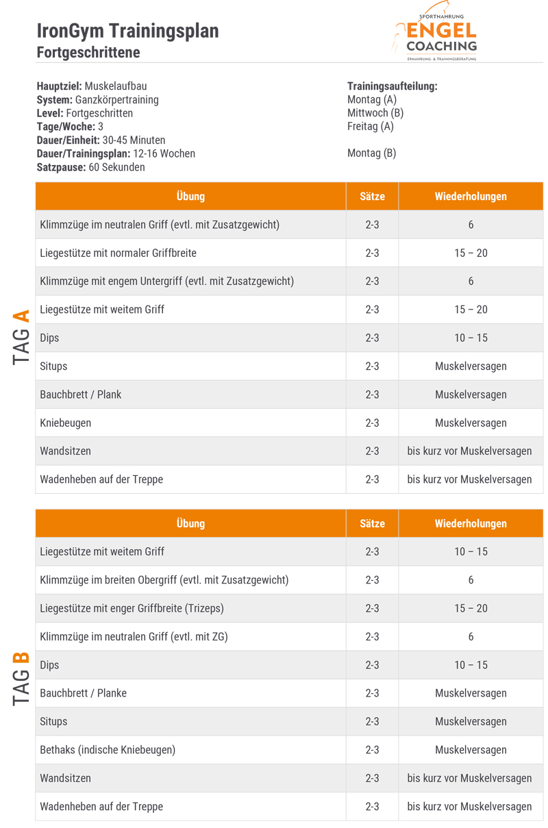 Irongym Trainingsplan für Fortgeschrittene