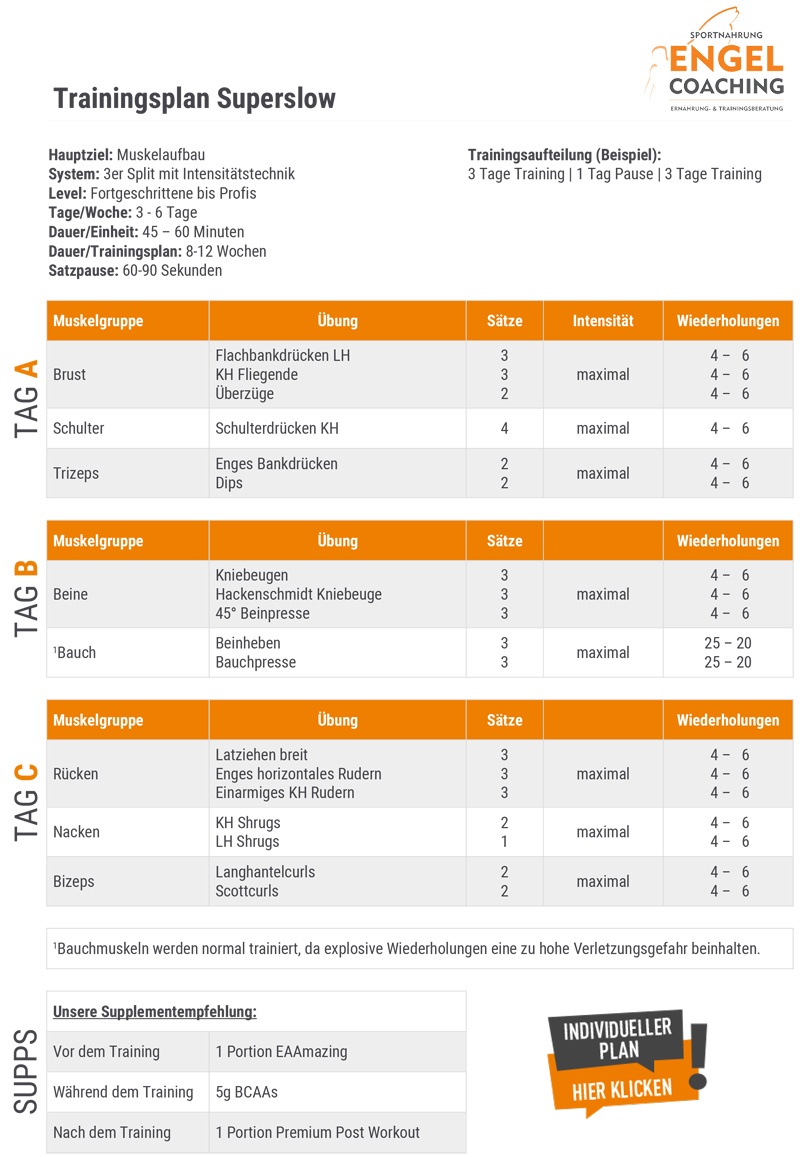 Superslow Trainingsplan für Fortgeschrittene 3-6 Trainingstage