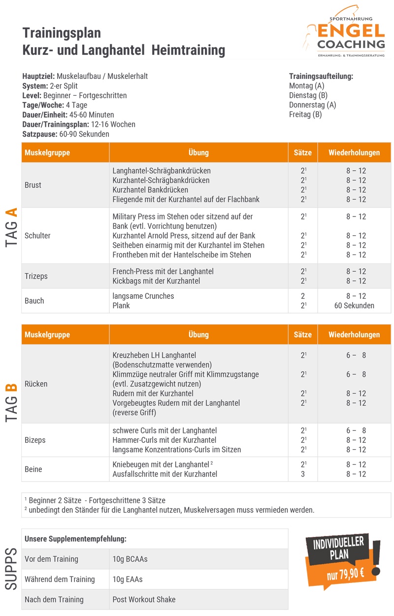 Kostenloser Trainingsplan mit Lang- und Kurzhantel für das Training zuhause.