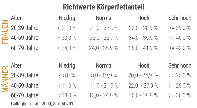 Richtwerte Körperfettanteil für Männer und Frauen