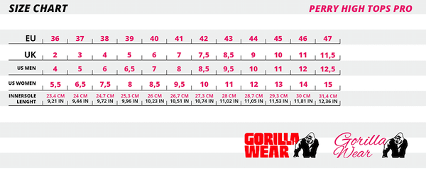 Finden Sie Ihre passende Größe mithilfe der Größentabelle für die Gorilla Wear Perry High Tops Pro in Red/Black!