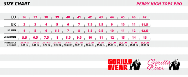 Size Chart für Gorilla Wear Perry High Tops Pro in Red/Black Finden Sie Ihre passende Größe mithilfe der Größentabelle für die Gorilla Wear Perry High Tops Pro in Red/Black!